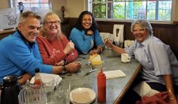 Meeting up in Duncan at the Doghouse Restaurant July 15. L-R: recent retirees Jacques Dufresne, Brenda Murray, Manjula Dufresne and still working Sujata Berry.
