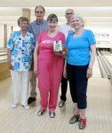 Bingo Game winning Team at CBC/SRC Assoc 5-pin bowling on August 4: Lillian Hanson, Bill Murray, Peggy Oldfield, Neil & Lynn Gillon.
