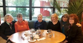 "Blue Mooners" Group met at the Sylvia Hotel in Vancouver on Oct.25. L-R: Lindsay Forsberg, Peggy Oldfield, Rhonda Burnside, Cindy Leaney, Ramona Mar, Kimberley Dutchak.