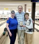 May 14 Bowling at Grandview Lanes. Peggy Oldfield, Bill Murray and Lillian Hanson picked up the winner's trophy for the Bingo Game.