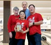 December 10 bowling at Grandview lanes. The winning Bingo team-Peggy Oldfield, Marichu Torrijos, Ding Torrijos, and Bill Murray who obviously didn't get the memo to wear red!