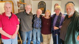 Some former CBCers, with special guest Sue Stern, at Luncheon at Dagwood's Bistro, Saltsprring Island, Tuesday, January 27, 2026. Bruce McDonald, Mark Perry, Marv Colthard, Sue Stern, Barb (McPhee) Haydon  John Sparks