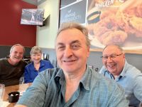 Breakfast at Ricky's Brentwood on June 5.  Chris Cutress center; Colin Preston, Peggy Oldfield and Rod Mundy behind Chris.